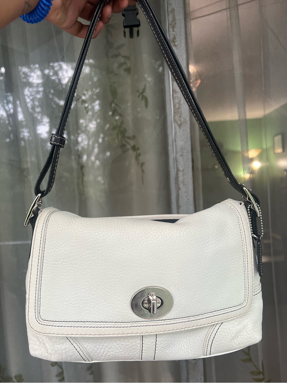 White Leather Shoulder Bag with Brown Strap